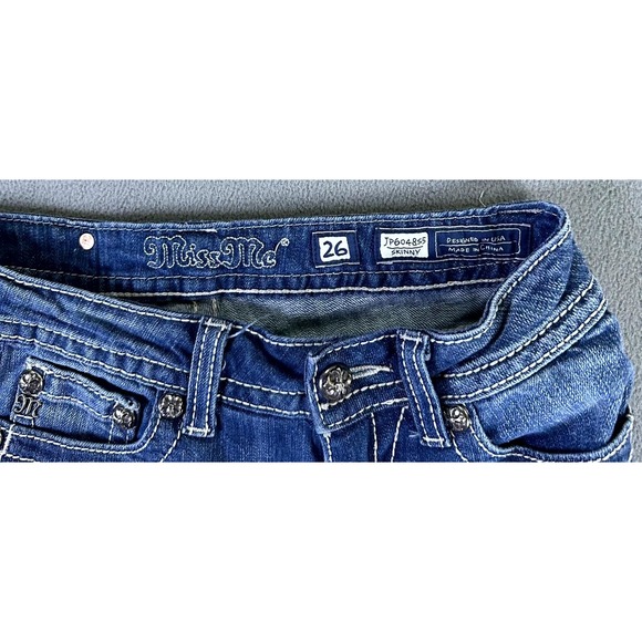 Miss Me Jeans 26 Blue Skinny Fluer De Lis Rhinestone Embroidered Bling Y2K Denim - Picture 7 of 8